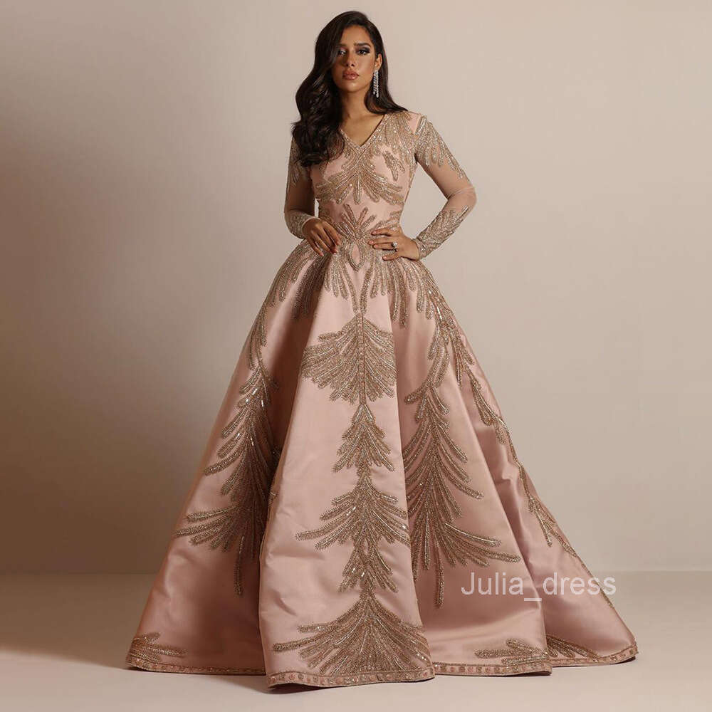 2024 New Womens Wear Hot Stamped Sleeves Long Dress Banquet Sexy Evening Dress Pink
