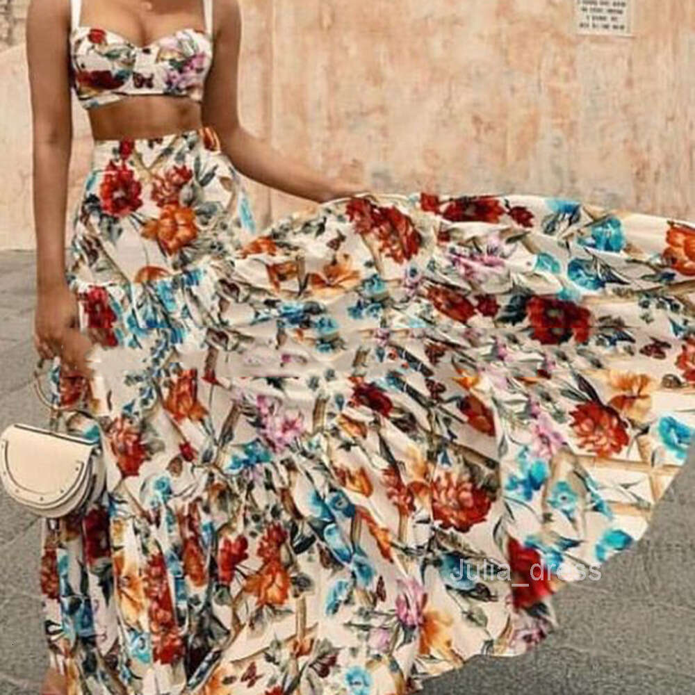 2024 Spring/Summer New Womens Sexy and Elegant Hanging Strap Printed Dress Set Beach Skirt two-piece