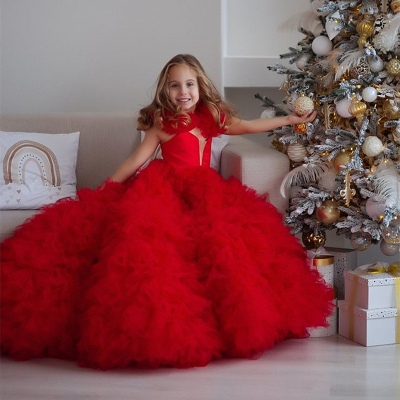 Ruffles Tutu Tulle Flower Girls Dresses Red Christmas Toddler Tiered Gown Formal Photo Shoot Princess Birthday Party Dress With Train 2024 Kids Formal