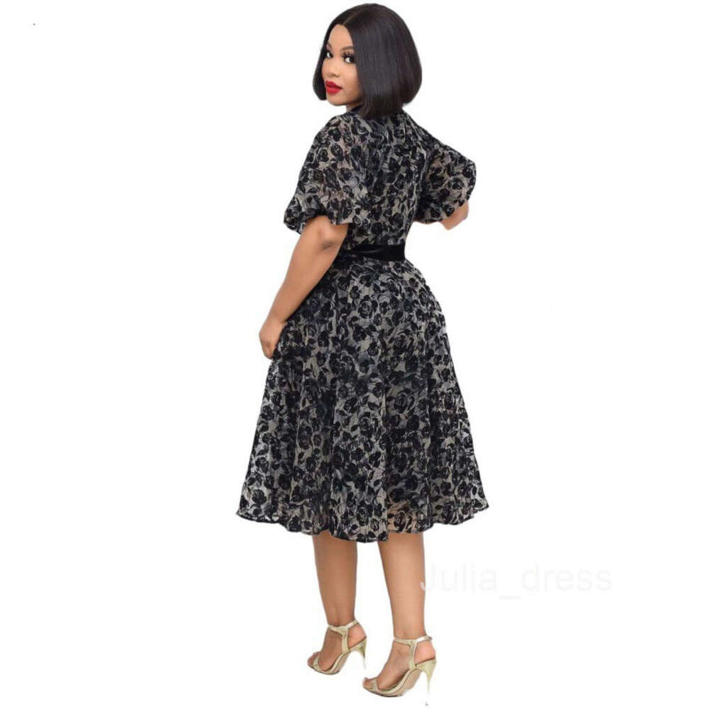 2024 Summer New Style Stand up Neck Black Flocking Dense Mesh Waist Tie Lace Splice Fashion Slimming Dress