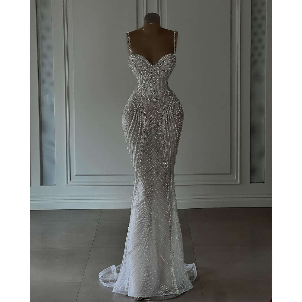 Junoesque Mermaid Wedding Dress Spaghetti Sweetheart Crystal Applicants Pearls Chain Beads Design Backless Custom Made Vestidos