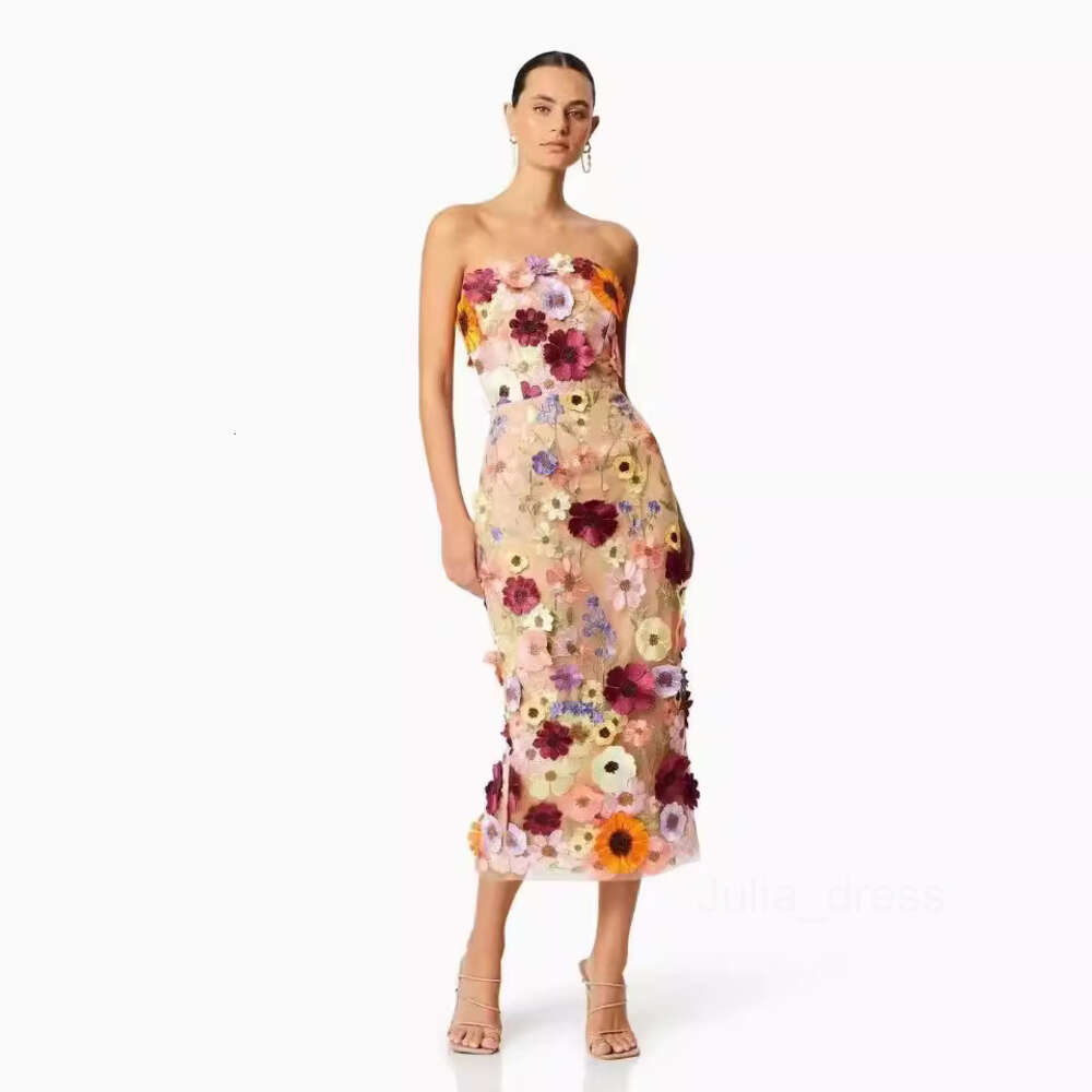 2024 Spring Dress Sexy Sleeveless Colorful 3D Flower Embroidery Slim Fit Wrap Hip Bra Dress Mid length Dress