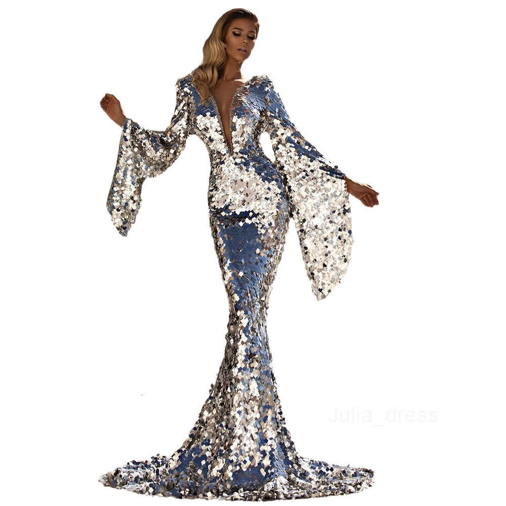 2024 New Womens Dress Sexy Sequin Silver Banquet Dress Wrapped Hip Evening Dress