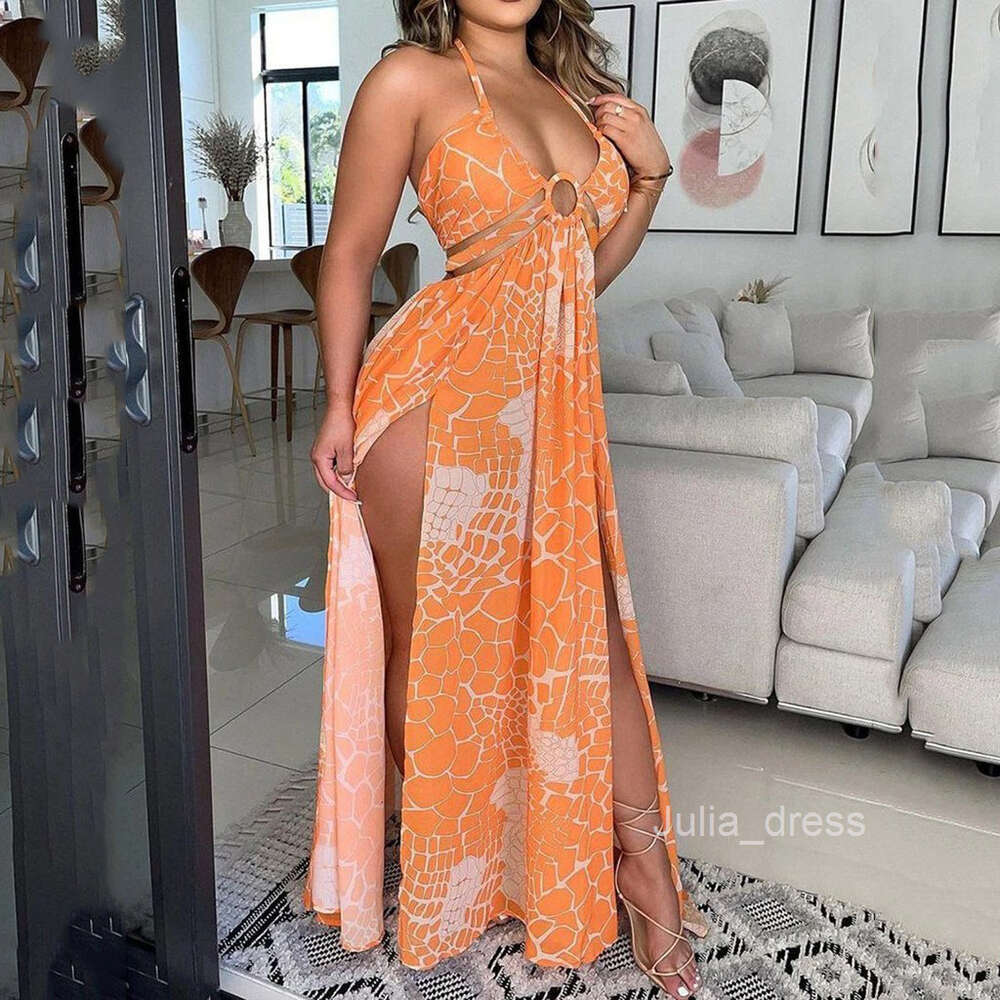 Sc8303 womens nightwear sexy print cross tie V-neck split dress