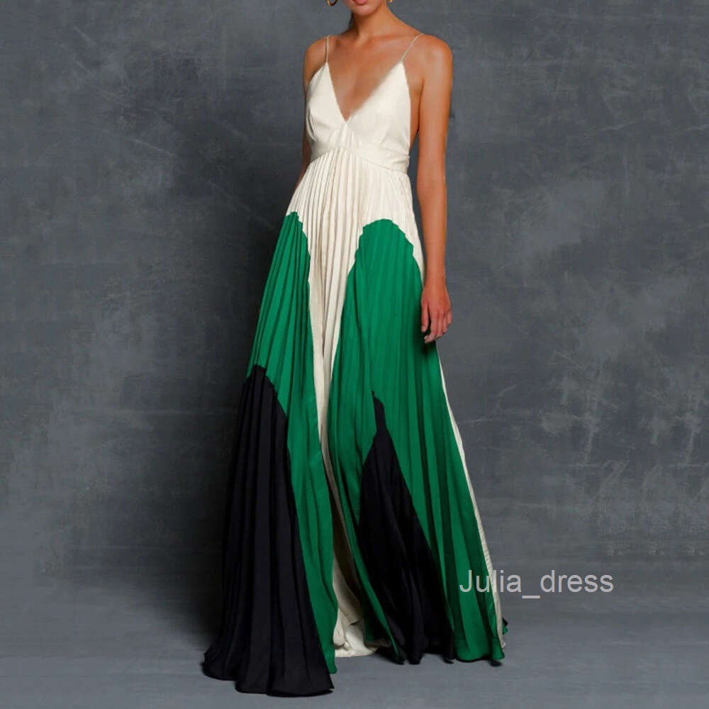 2024 Summer Womens Dress Slim Fit Slim and Long Style Color Blocked pleated camisole dress