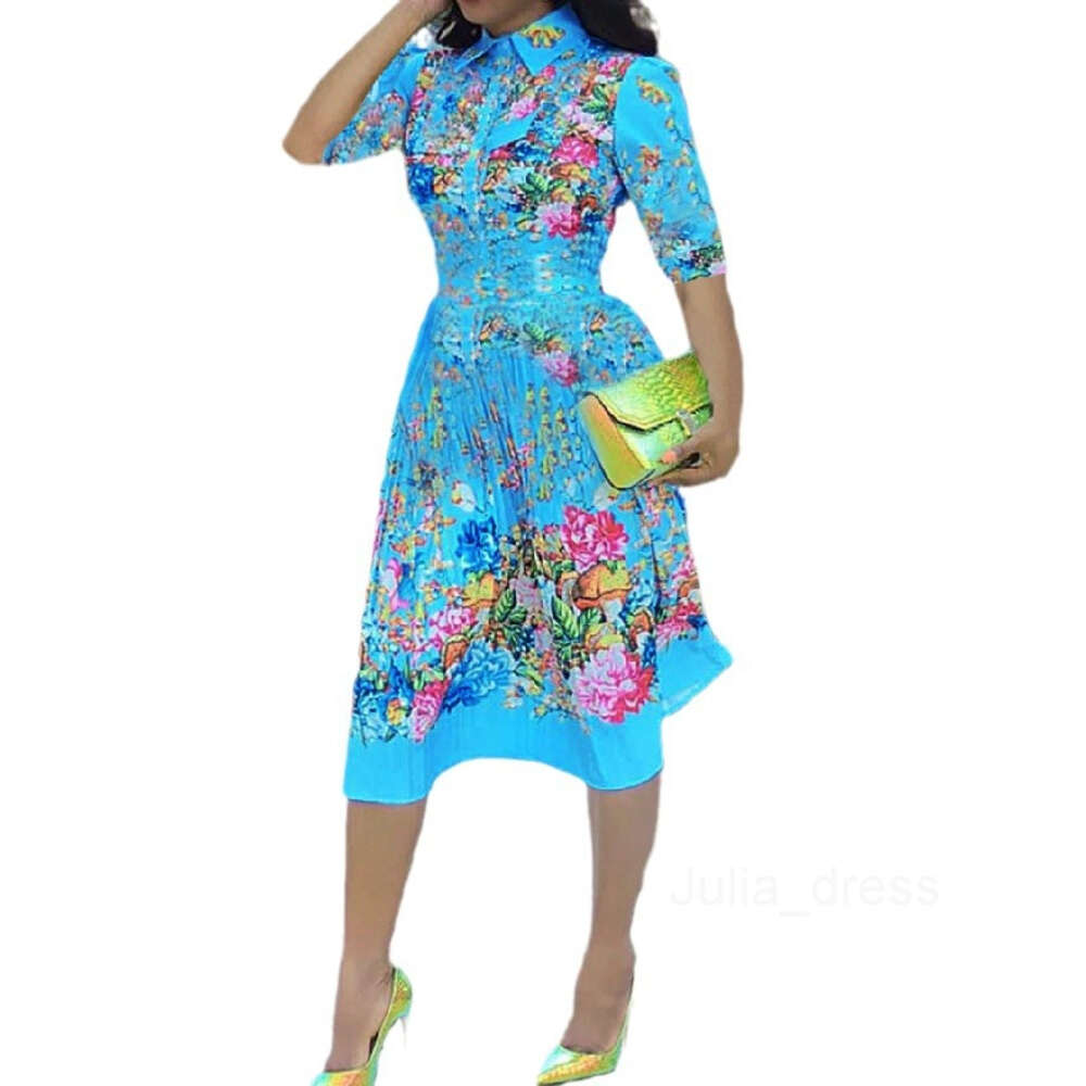 2024 Spring New Womens Dress Elegant and Fashionable Printed Polo Collar Long Sleeve Mid length Dress