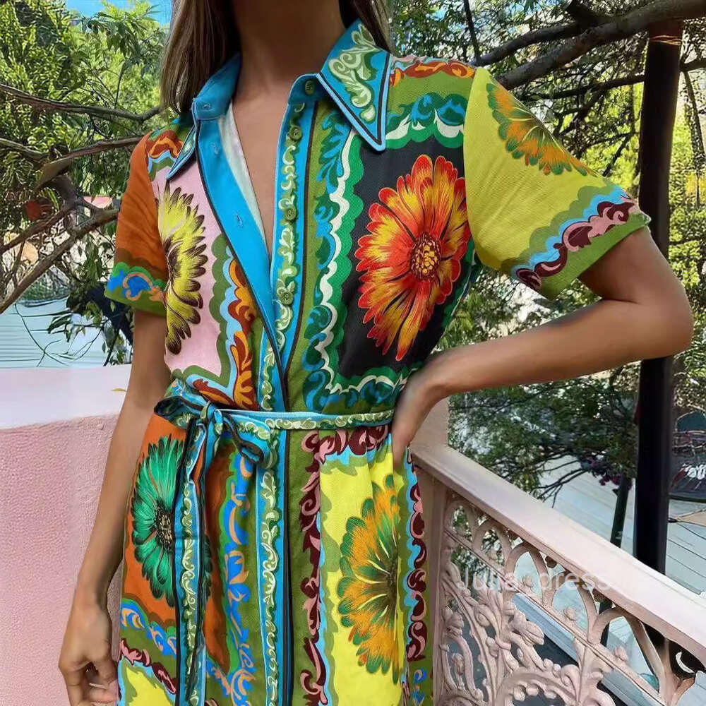 M New Printed Fashion Short Sleeve Loose Casual Lace up Cardigan Dress