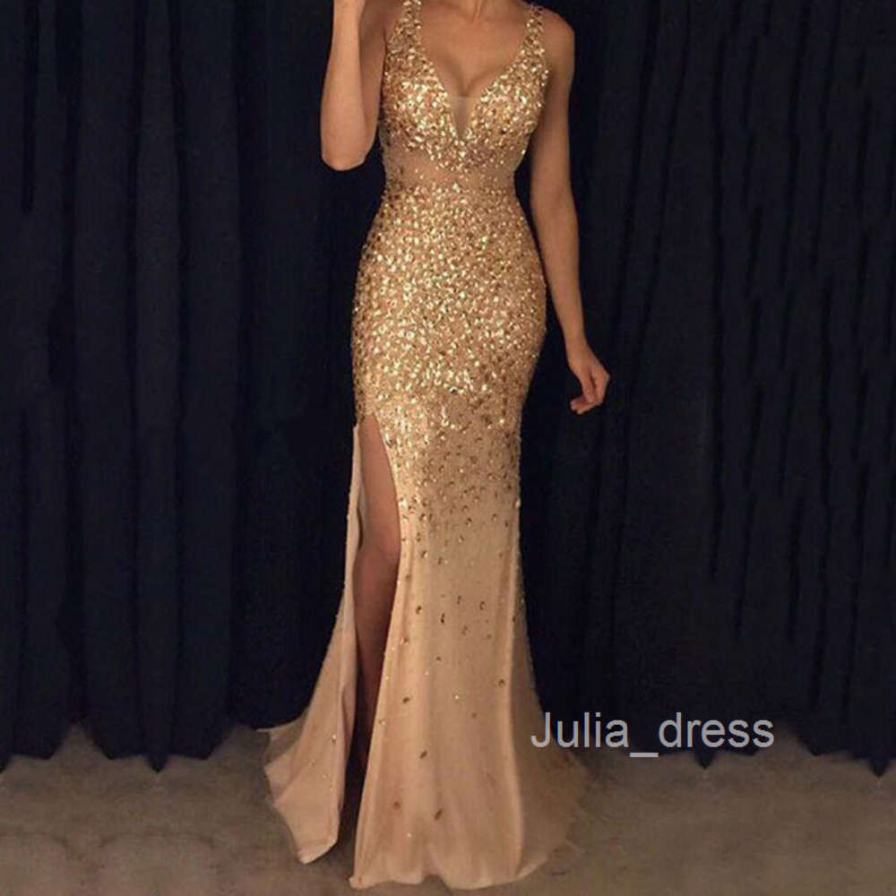 2024 New Womens Dress with V-neck Split Heavy Industry Gold Bead Dress