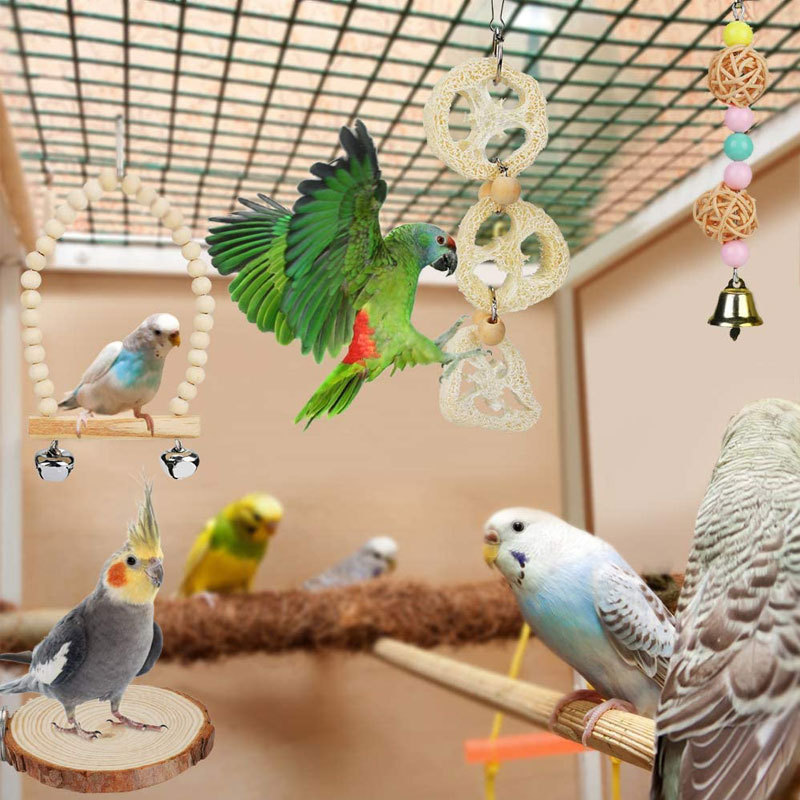 8PCS Parrot Toy Set Log Color Bird Supplies Utensils Stand Rod Swing Bird Cage Accessories Bird Toys
