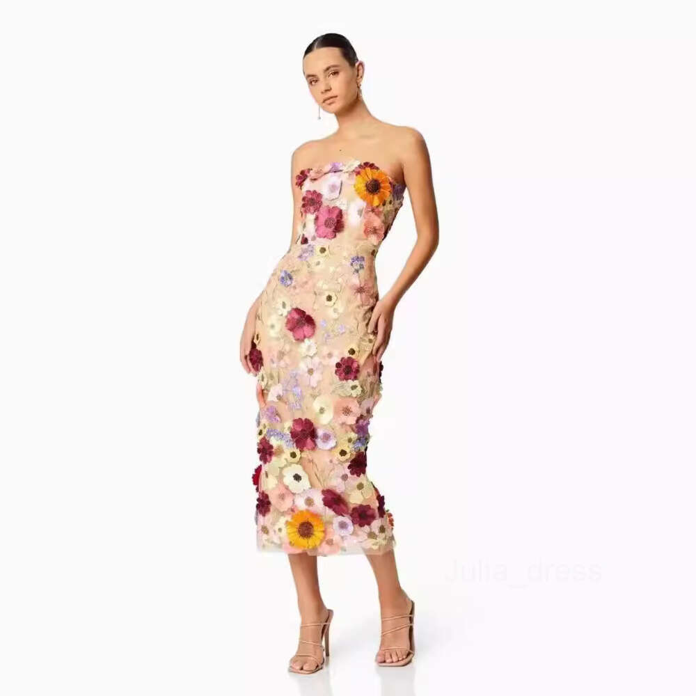 2024 Spring Dress Sexy Sleeveless Colorful 3D Flower Embroidery Slim Fit Wrap Hip Bra Dress Mid length Dress