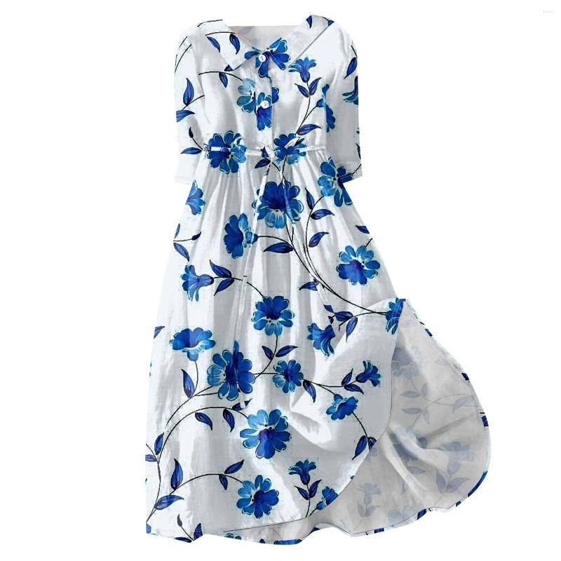 Casual Dresses Womens Fashion Simple Printed Lapel Collar Button 3/4 Sleeved Dress Slim-Type Straps Vestidos Largos