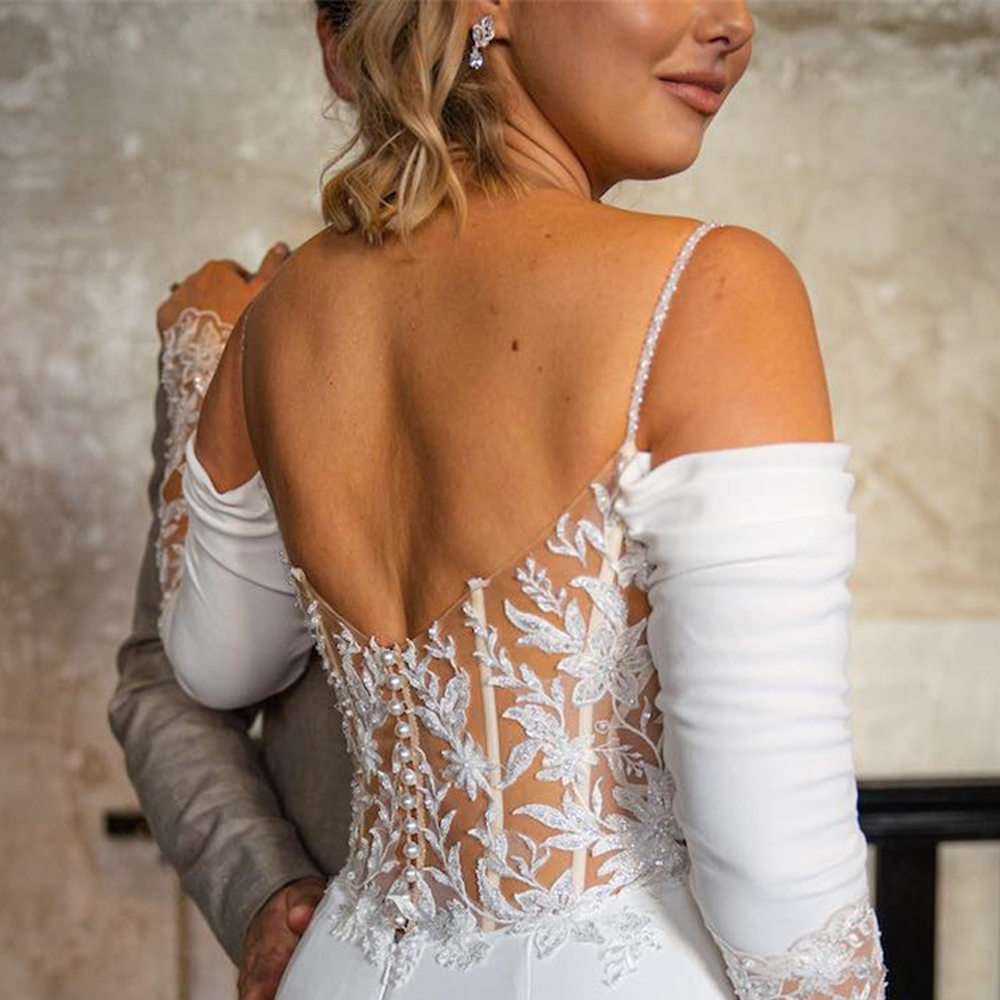 Spaghetti Straps Sweetheart Wedding Dresses Bridal Gown Lace Appliques Train Mermaid Robe De Mariage For Bride