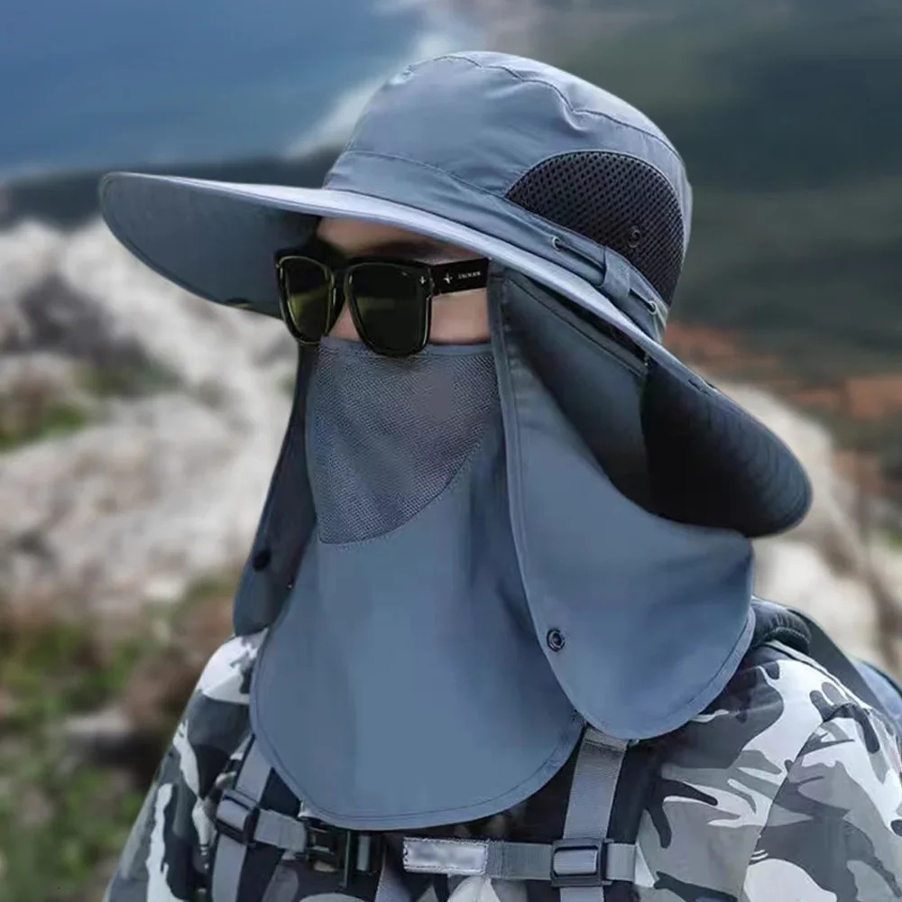 Summer Quick-drying Boonie Hats with Neck Mask Cover Men Breathable Mesh Sun Visor Fisherman Hats Outdoor Wide Brim Bucket Caps 240528