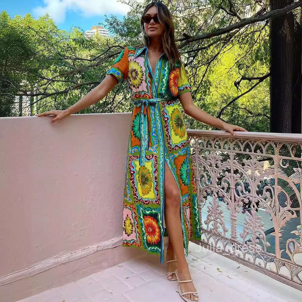 M New Printed Fashion Short Sleeve Loose Casual Lace up Cardigan Dress