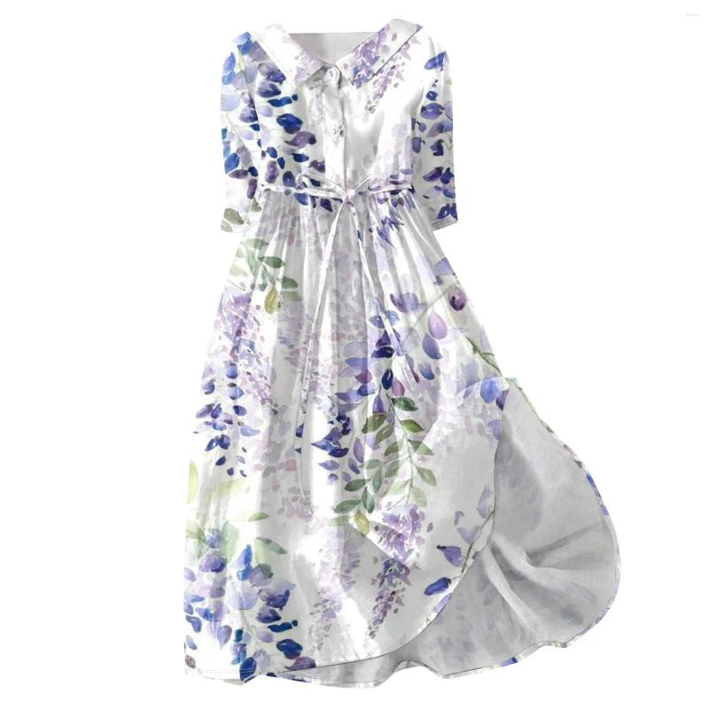 Casual Dresses Womens Fashion Simple Printed Lapel Collar Button 3/4 Sleeved Dress Slim-Type Straps Vestidos Largos