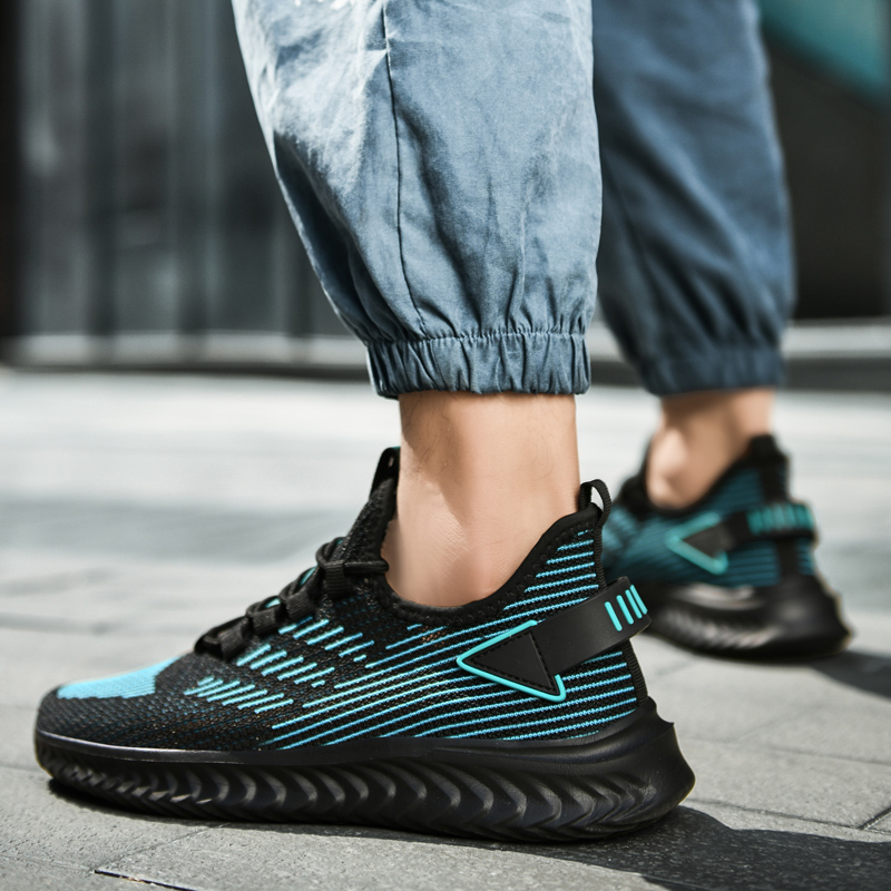 Black Trail Running Shoes for Men Size 48 Sneakers Male New Breathable Stretch Fabric Soft Comfortable Sport Shoes Lightweight