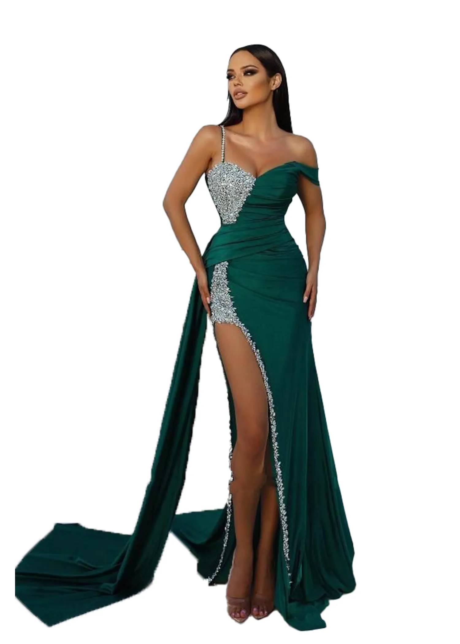 Elegant Mermaid Prom Dresses Long For Women Spaghetti Straps High Side Split Beaded Satin Sequined Formal Wear Special Ocn Birthday Pageant Evening Go
