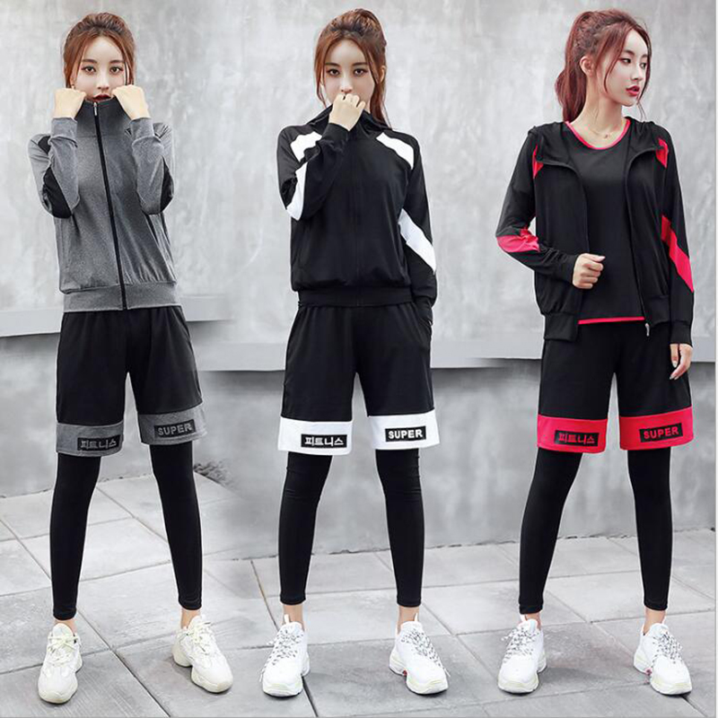 hot sale Korean sports suit 5 pieces yoga sets letter bra+t shirt+coat+shorts+pants sports wear for women gym clothing workout clothes
