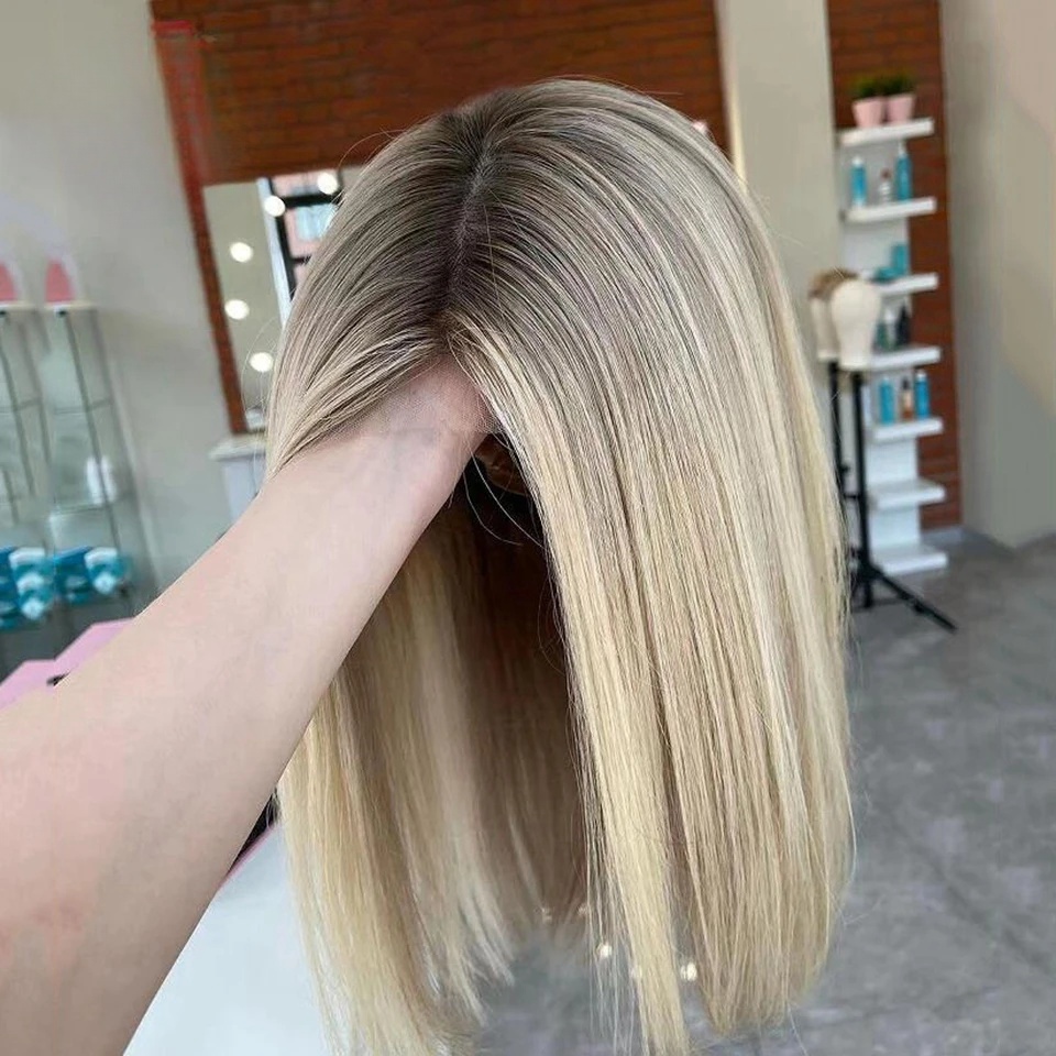 Free shipping Brazilian Short Ash Blonde 360 Frontal Brown Highlight 13x4 Straight Bob Wig Lace Front Silation Human Hair Wigs for Women
