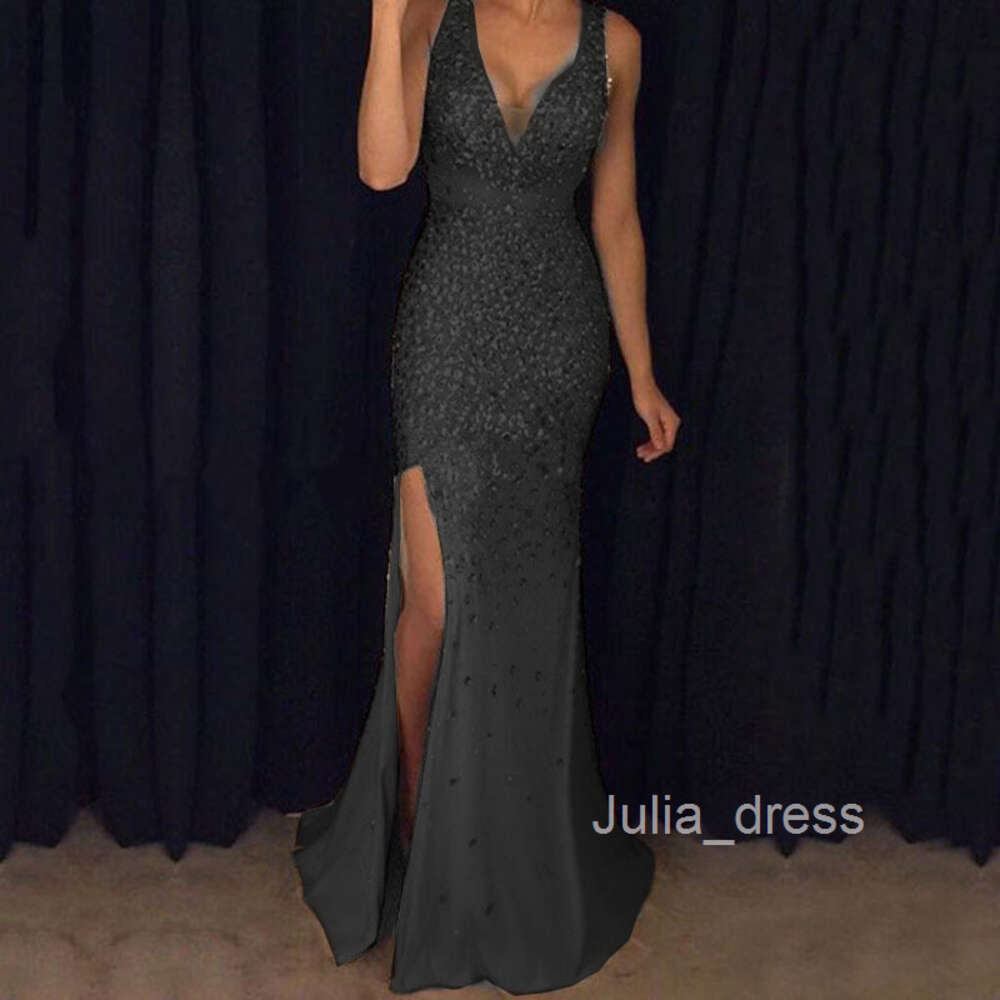 2024 New Womens Dress with V-neck Split Heavy Industry Gold Bead Dress