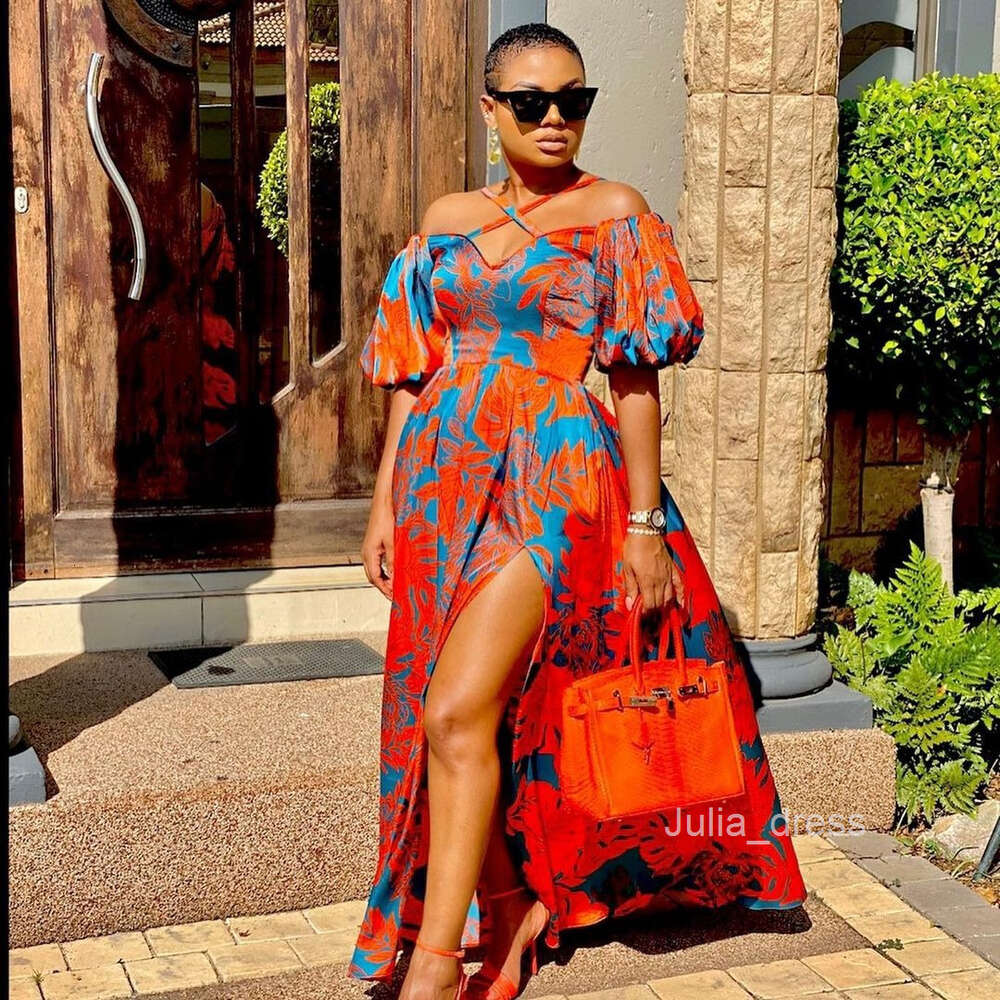 2024 New Spring/Summer Womens Dress Printed Split Bra Hanging Neck V-neck Long Dress