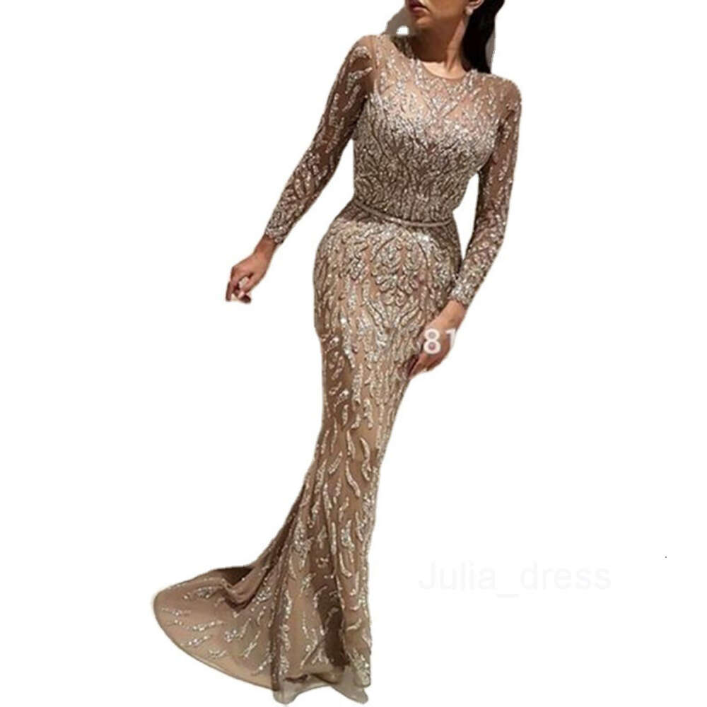 2023 New Womens Sexy Dress Sprinkled Gold Long Sleeve Fishtail Prom Dress