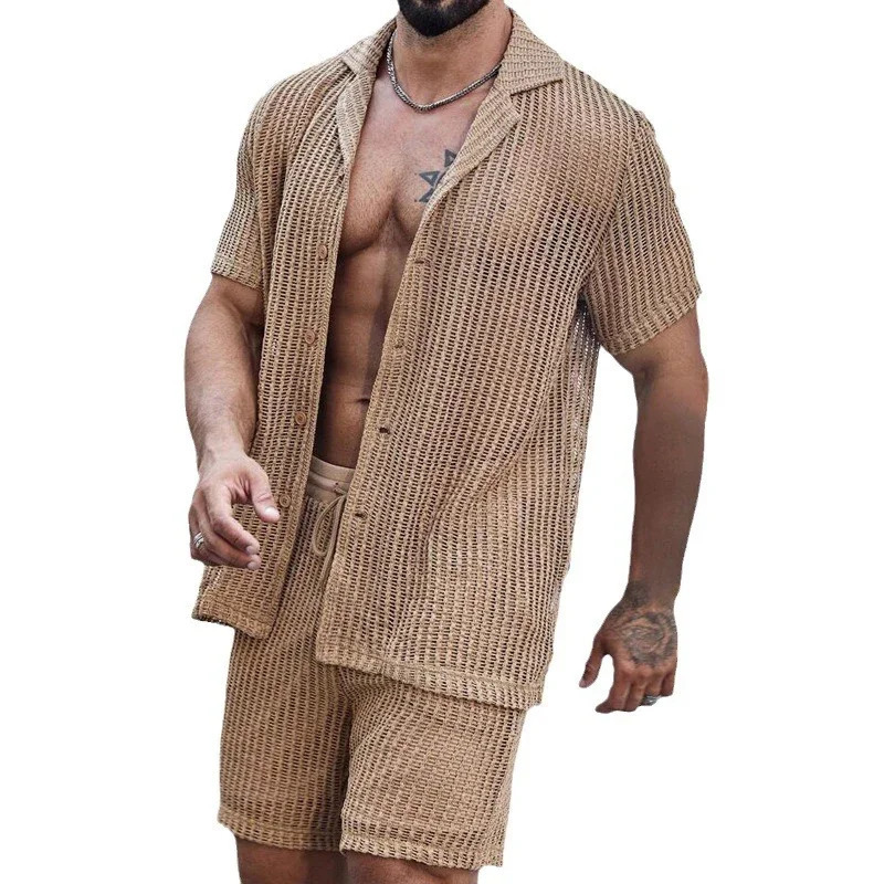 Sexy Hollow Out Mesh Knit Two Piece Suits Men Summer Beach Buttoned Lapel Shirts and Shorts Mens Outfits Casual Solid Color Sets 240518