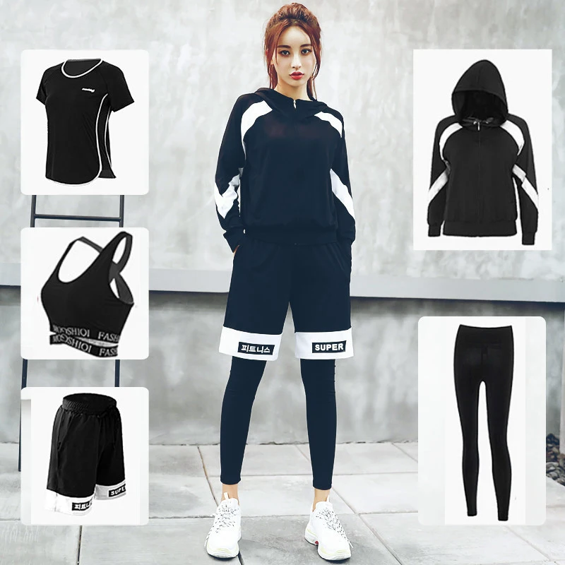 hot sale Korean sports suit 5 pieces yoga sets letter bra+t shirt+coat+shorts+pants sports wear for women gym clothing workout clothes