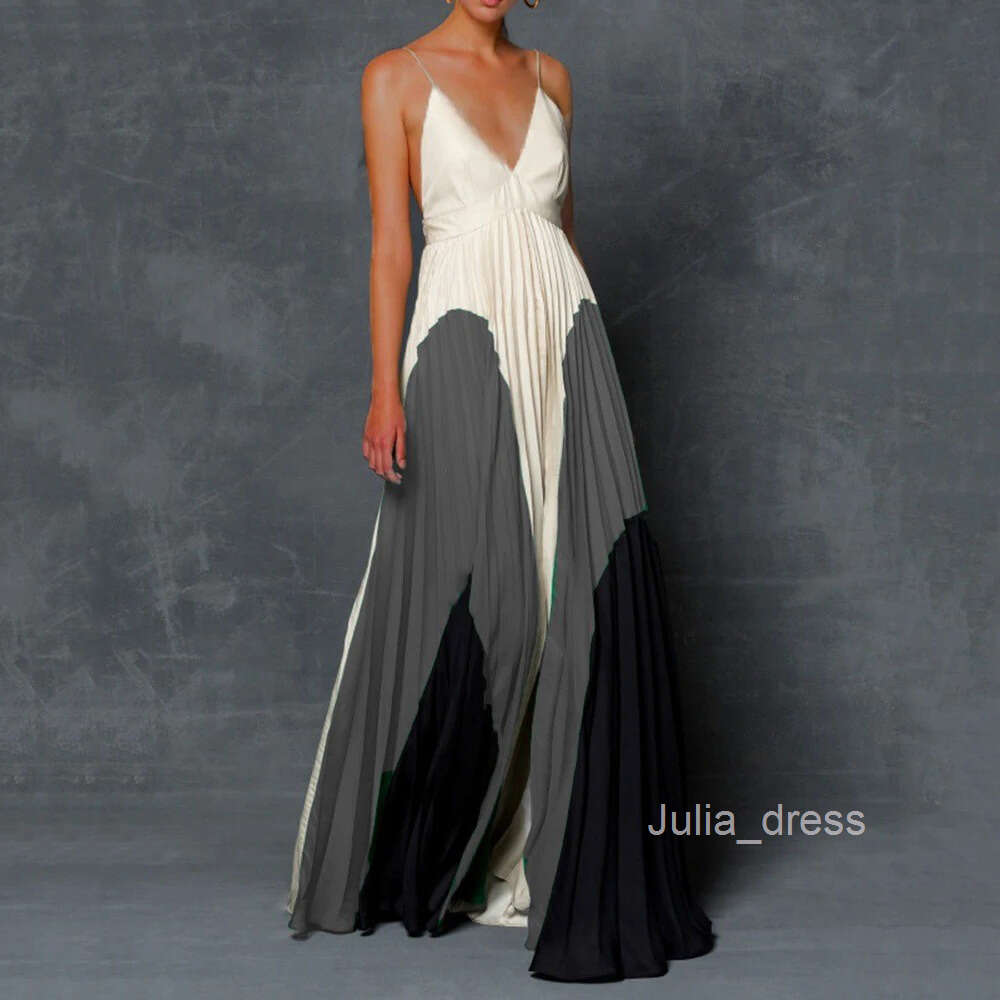 2024 Summer Womens Dress Slim Fit Slim and Long Style Color Blocked pleated camisole dress