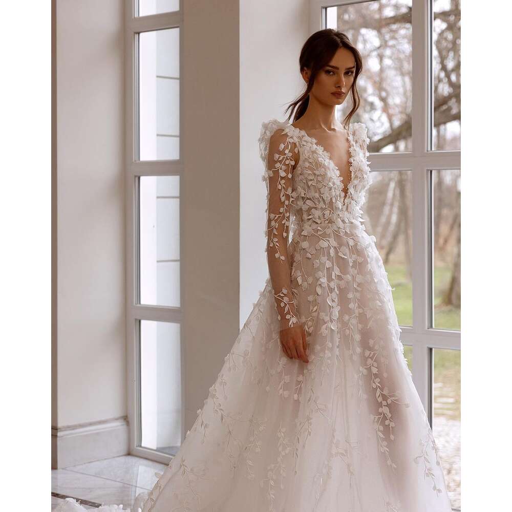 3D ral Embroidered Boho Wedding Dress, Sexy V Neck Lace Bridal Gowns