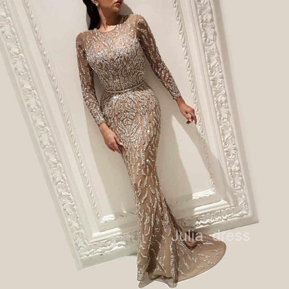 2023 New Womens Sexy Dress Sprinkled Gold Long Sleeve Fishtail Prom Dress
