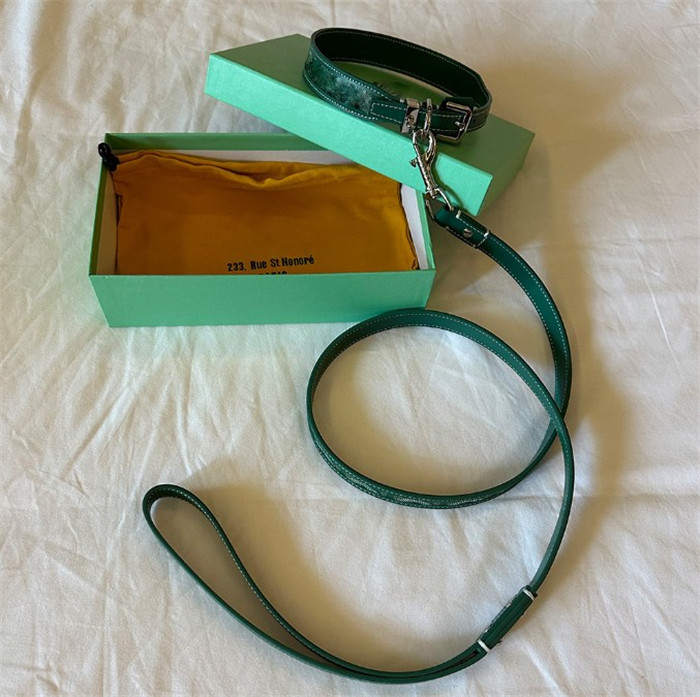 Dog Collar Leash Set Classic Plaid Pattern Soft Comfort Real Genuine Leather Pet Collars Modern Designer Look for Small Medium Large Pets L Green