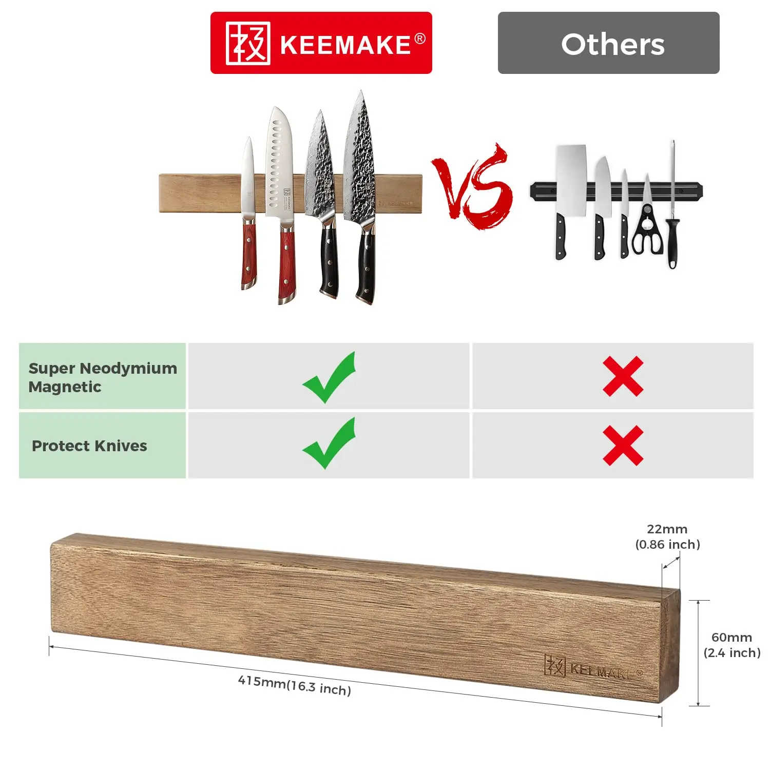 KEEMAKE Magnetic for Solid Powerful Magnet Wall Mount Acacia Wooden Knives Holder Kitchen Knife Strip dh3628137