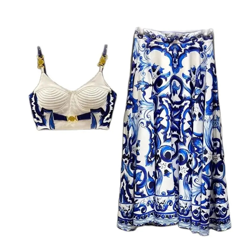 Elegant summer vacation set a1 women's short spaghetti strap top paired with blue and white porcelain skirt 2026
