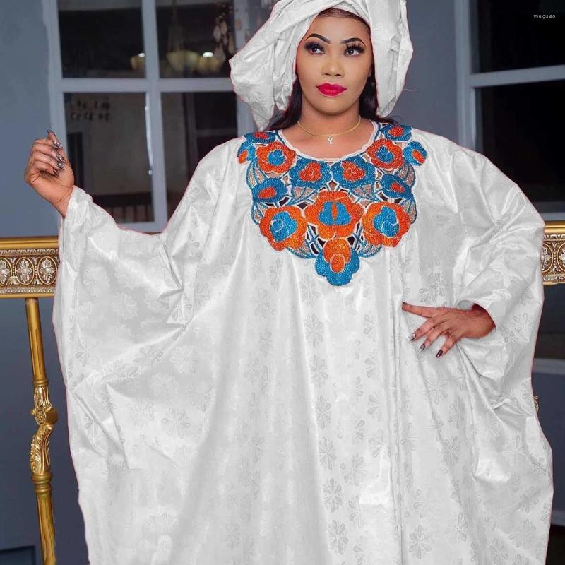 Ethnic Clothing Shiny Bazin Riche Long Dresses Sequined Embroidered Dashiki Robe With Scarf Boubou Traditional Wedding