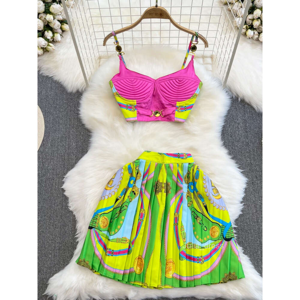 Beach vacation fashion suit for women with chest pads camisole and tank top wearing a high waisted A-line printed pleated skirt for women