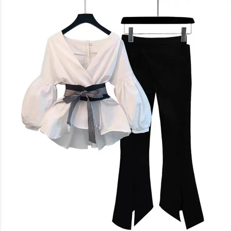 New Spring Summer Striped Bow Lantern Sleeve Blouse Women's Pants Set + Black Split Flare Sleeve 2 PCS Suits