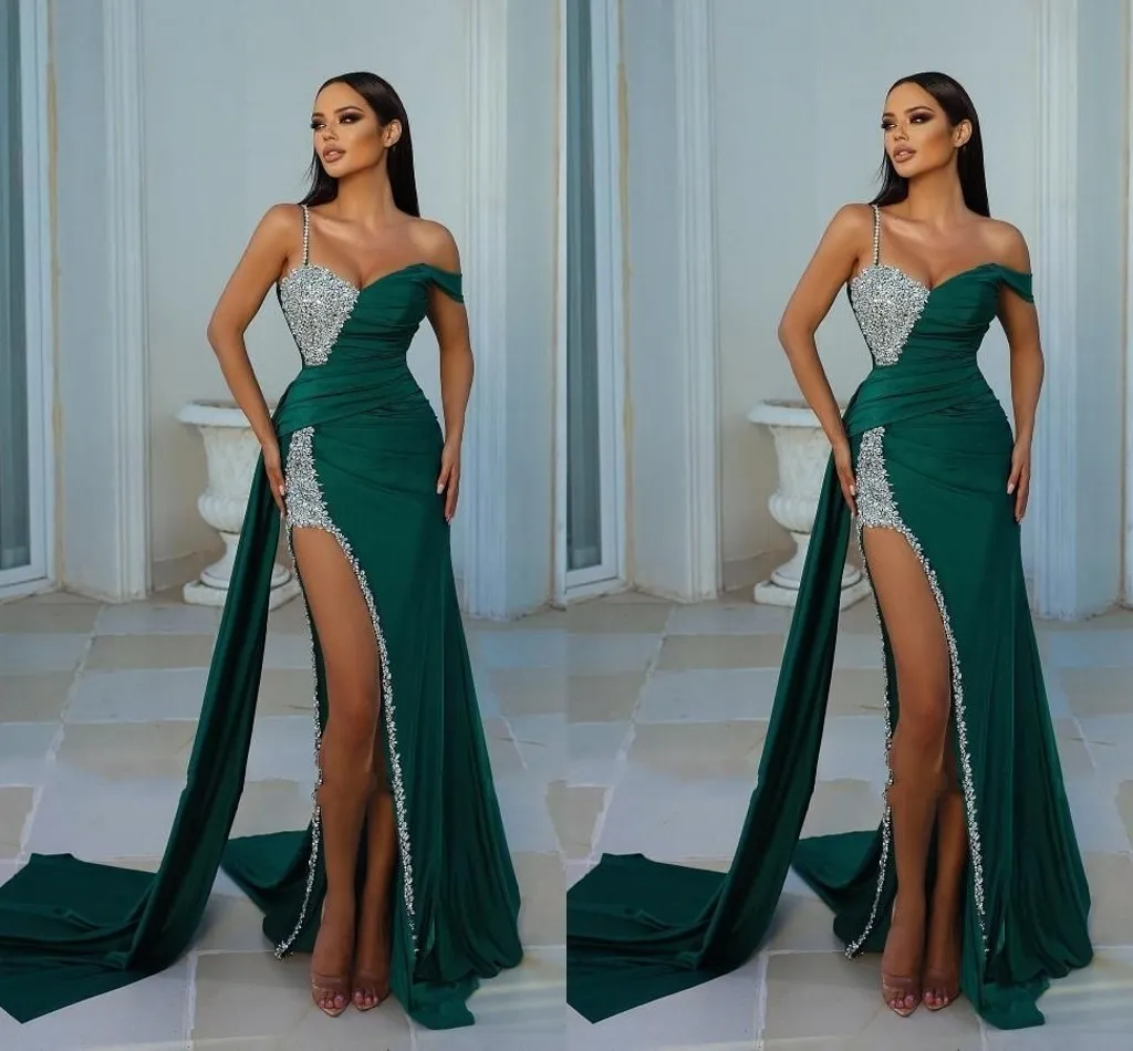 Elegant Mermaid Prom Dresses Long For Women Spaghetti Straps High Side Split Beaded Satin Sequined Formal Wear Special Ocn Birthday Pageant Evening Go