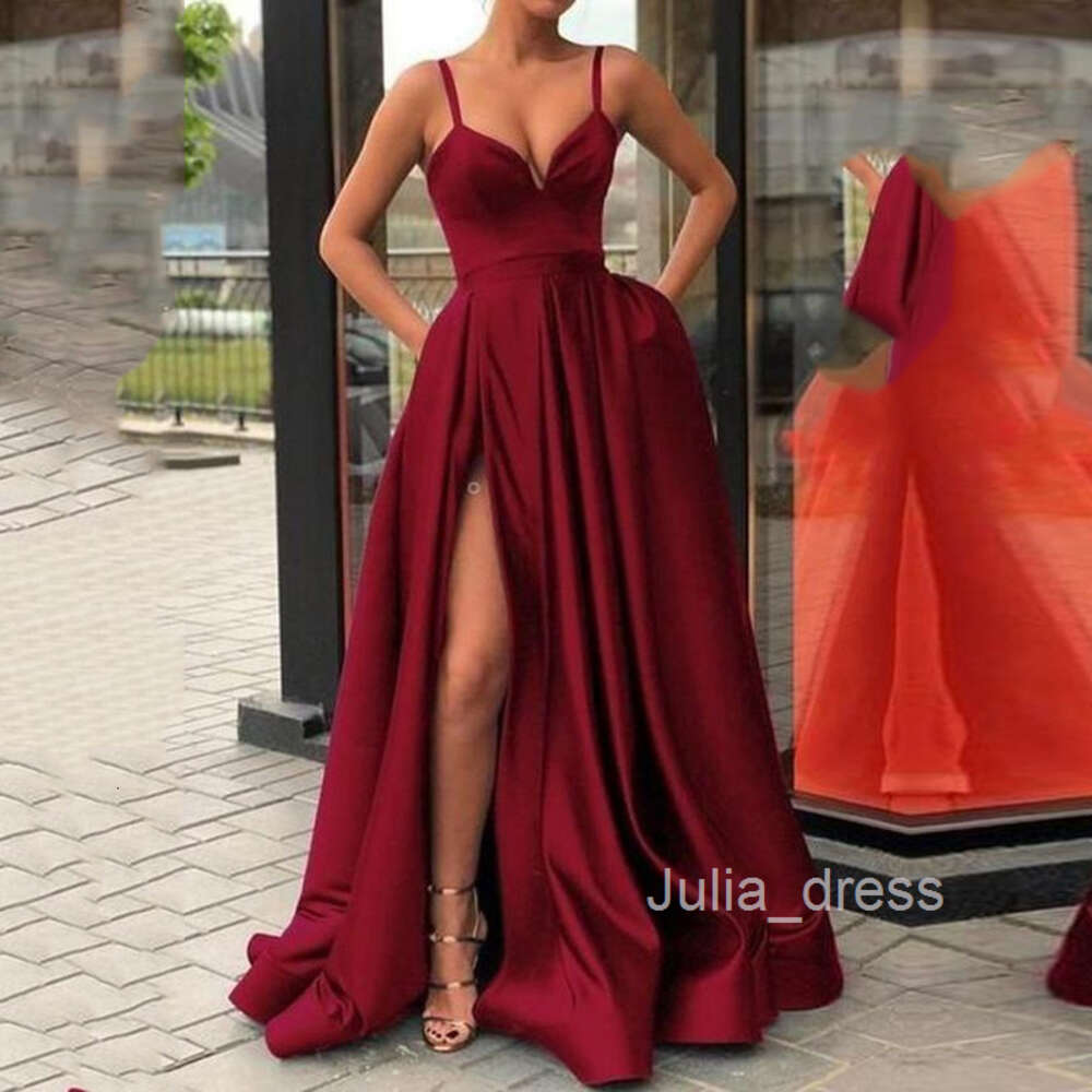 2024 New Spring Dress Slimming Solid Color Strap Tail Banquet Satin Dress