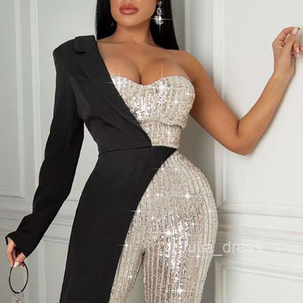 2024 new womens silver patchwork sequin one shoulder fashionable sequin jumpsuit