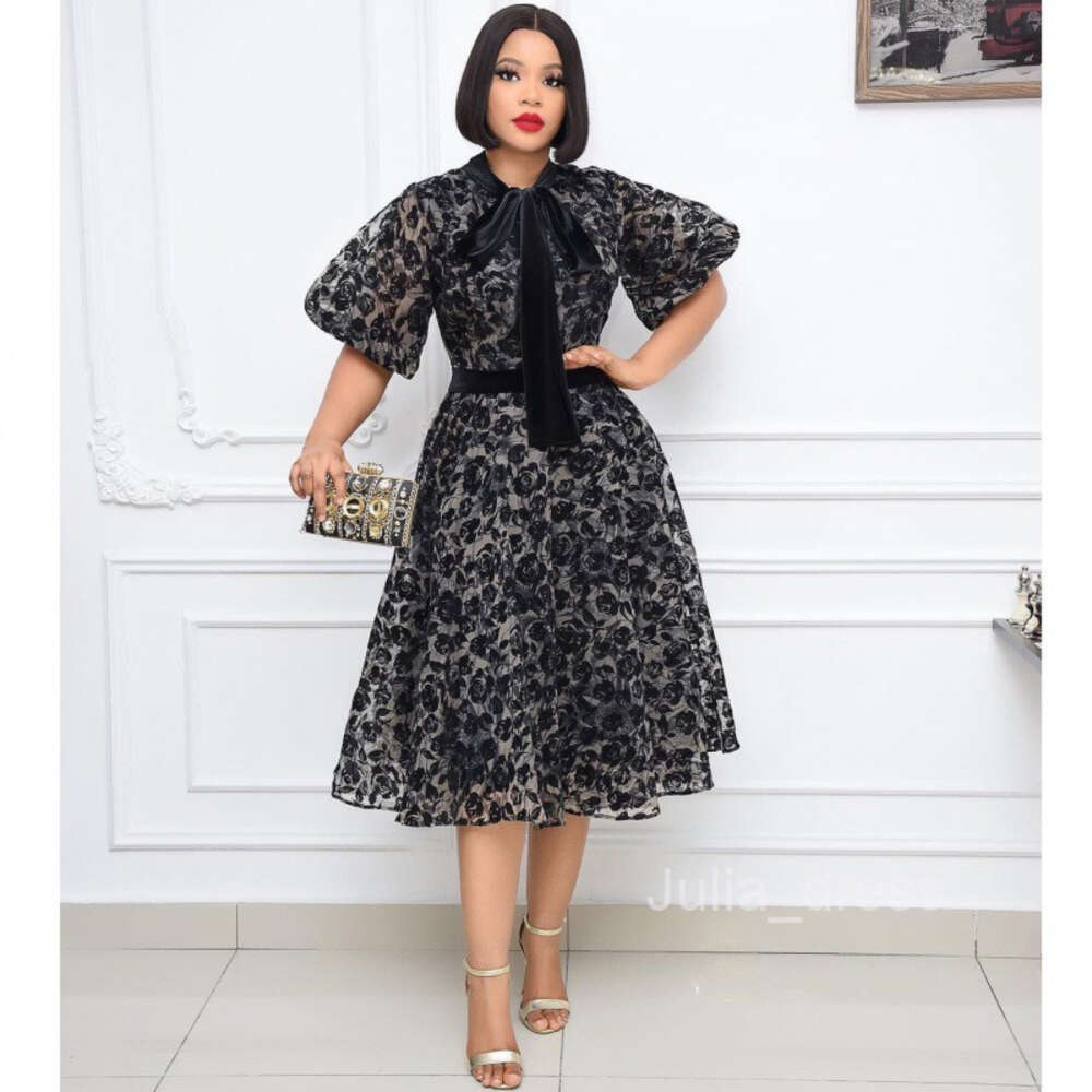 2024 Summer New Style Stand up Neck Black Flocking Dense Mesh Waist Tie Lace Splice Fashion Slimming Dress