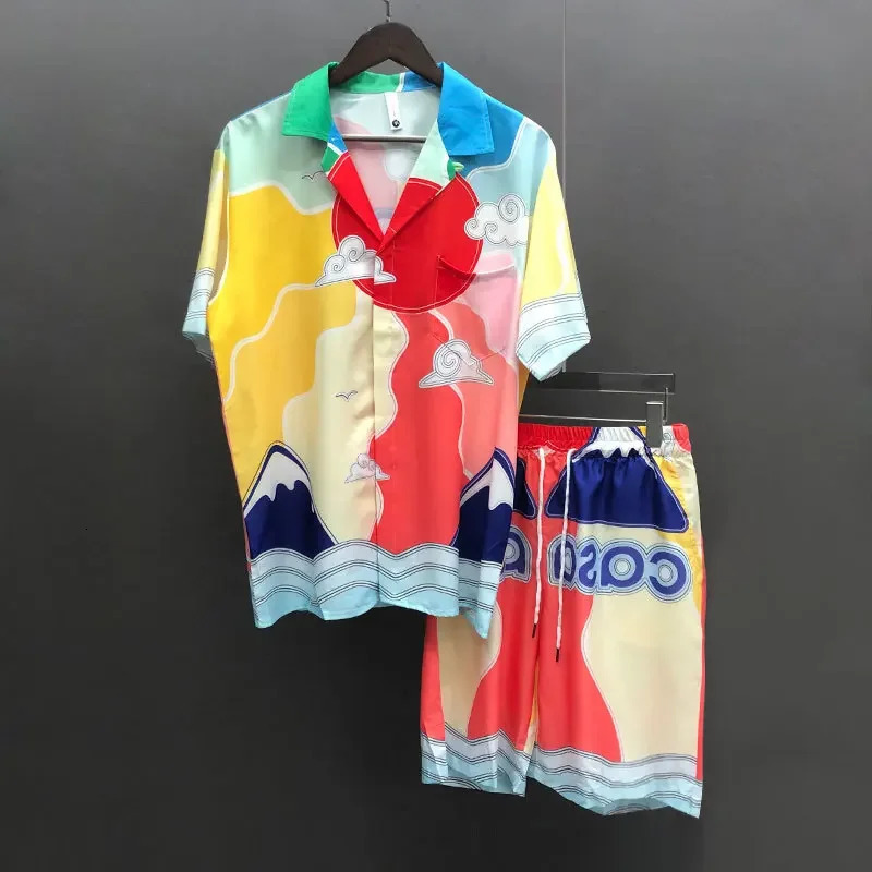 Art Landscape Print Shortsleeved Shirt Set Short Top For Men Vintage Pattern Lapel Streetwear Suit Casual Sets Homme 240524
