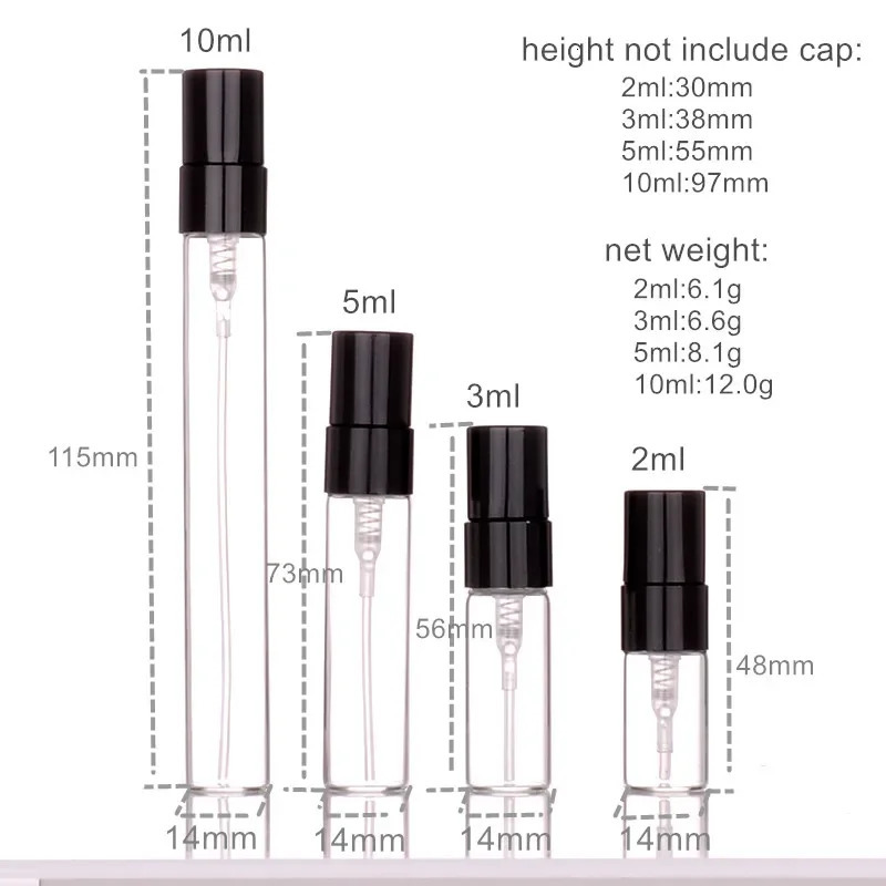 100pcs 2ml 3ml 5ml 10ml Glass Perfume Bottle with Metal Spray Empty Cosmetic Bottles Atomizer Refillable Glass Vials 240511