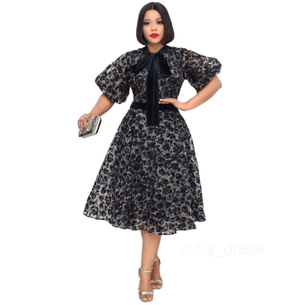 2024 Summer New Style Stand up Neck Black Flocking Dense Mesh Waist Tie Lace Splice Fashion Slimming Dress