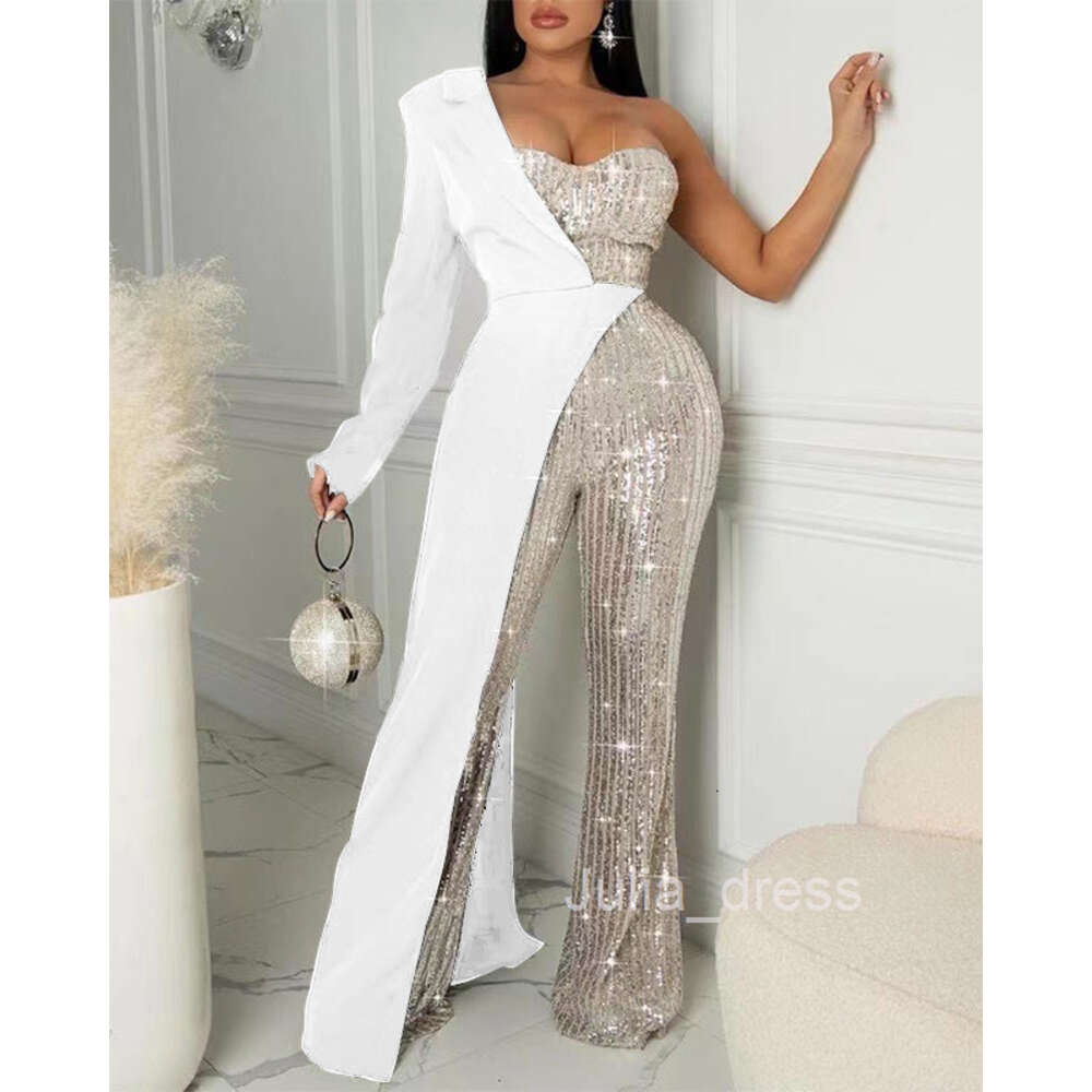 2024 new womens silver patchwork sequin one shoulder fashionable sequin jumpsuit