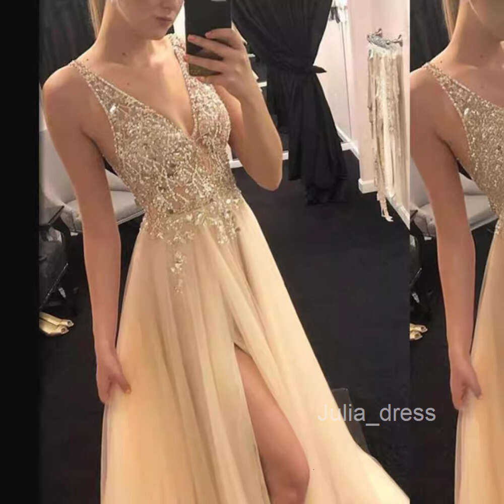 Shiny evening dress 2024 summer gold V-neck patchwork dress party evening dress