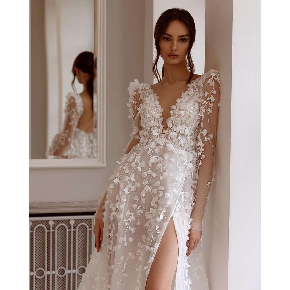 3D ral Embroidered Boho Wedding Dress, Sexy V Neck Lace Bridal Gowns