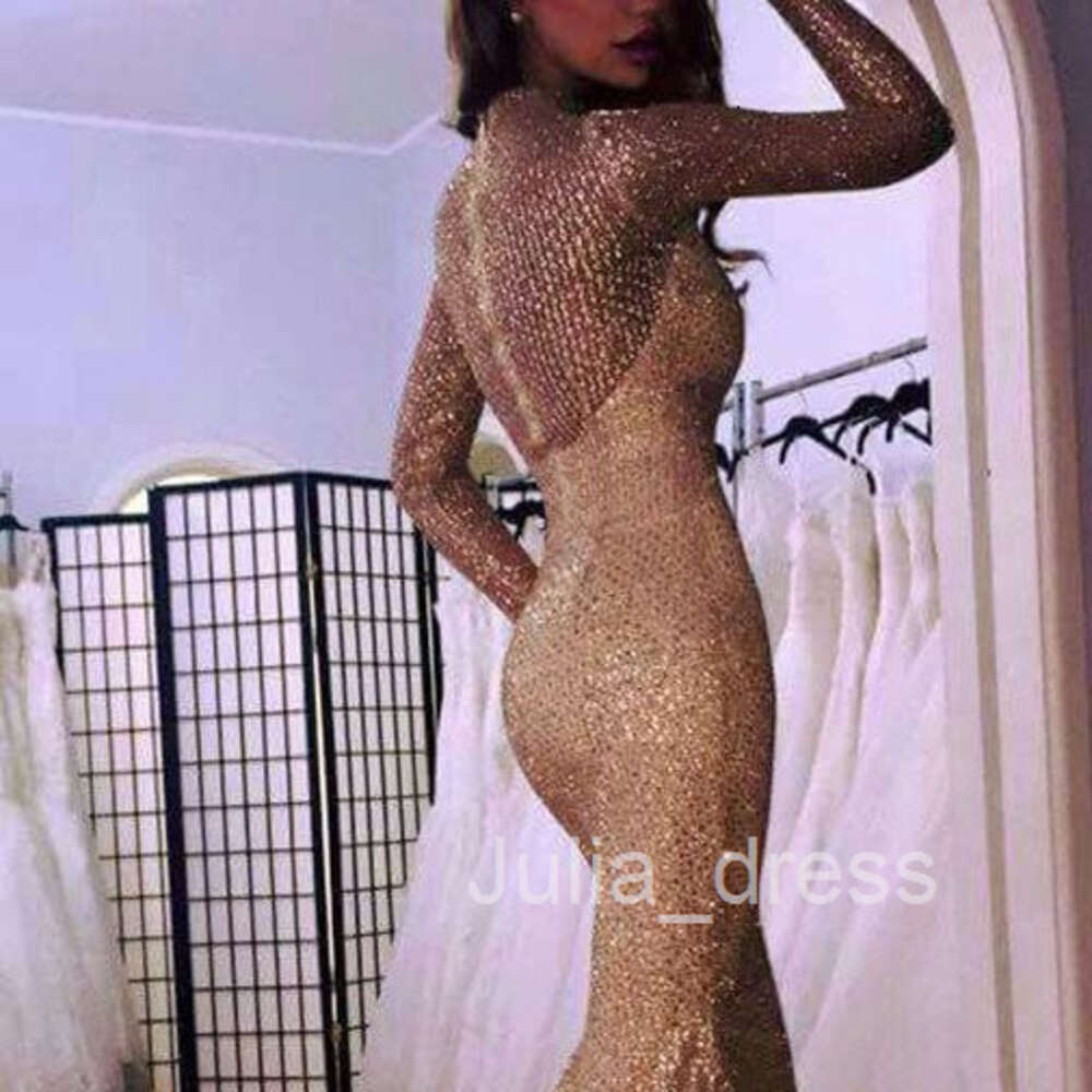 2024 Winter New Womens Dress Long sleeved Bra Sprinkled Gold Perspective Slim Fit Dress Fish Tail Dress