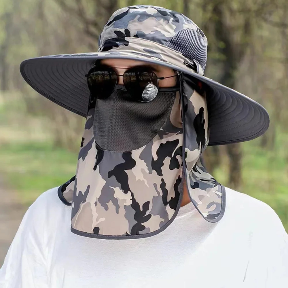 Summer Quick-drying Boonie Hats with Neck Mask Cover Men Breathable Mesh Sun Visor Fisherman Hats Outdoor Wide Brim Bucket Caps 240528