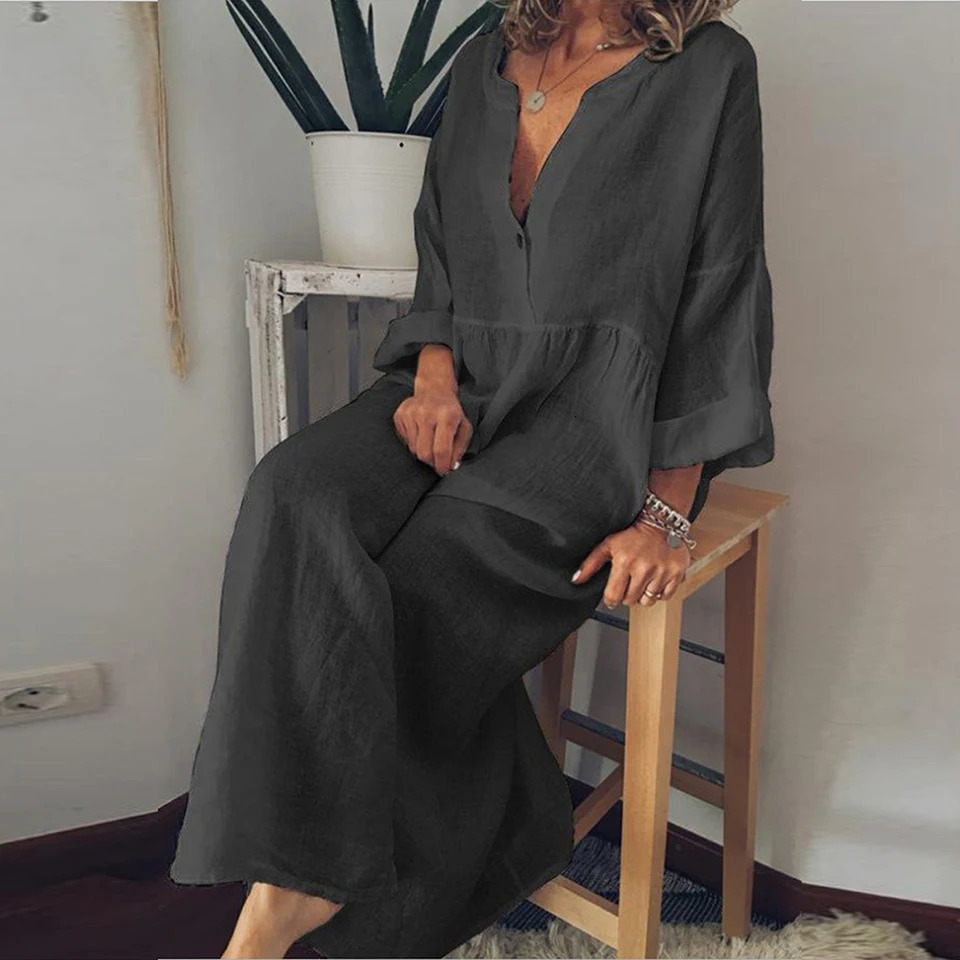 Cotton Linen Long Dress for Women Summer Pure Color Casual Short Sleeve Shirt Beach Female Clothing Y2K Vestido Robe 240528